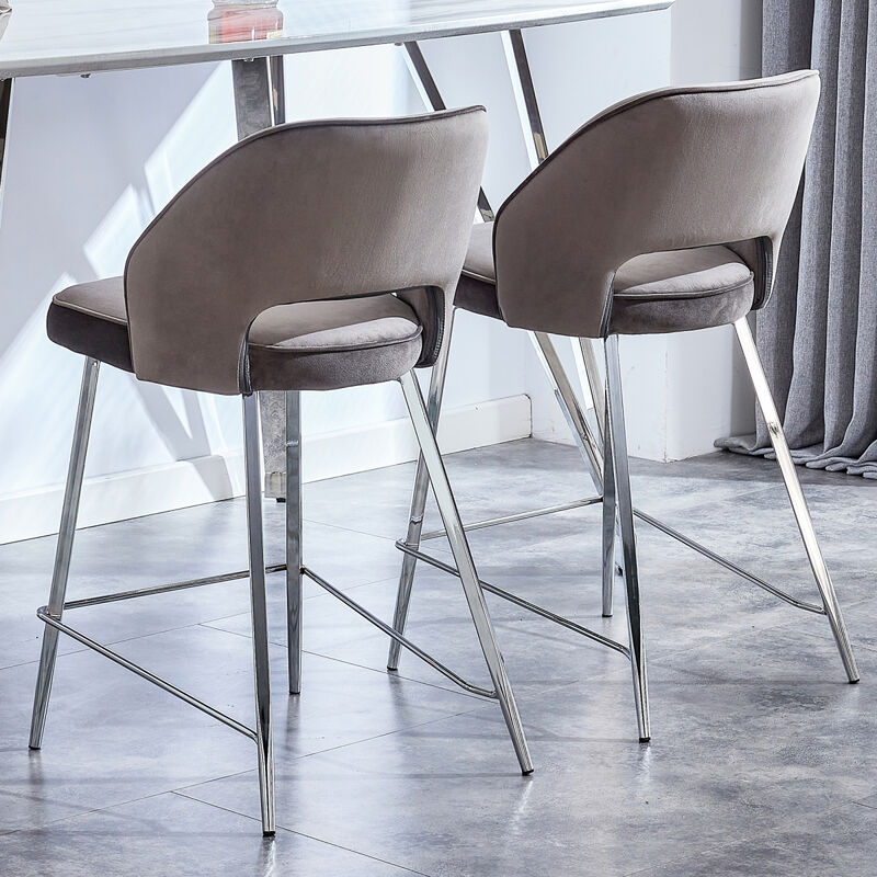 Bar Chair.Dining Chair.Stylish and Comfortable Velvet Barstool.with High-Density Foam Chair, Durable Electroplated Metal Legs, and Stable Structure for Home, Bar, and Cafe.(Set of 2)Grey