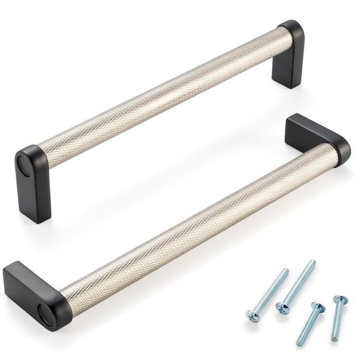 ASKANO Nickel and Black Cabinet Pulls, 6-1/4 Inch Hole Centers, Knurled Bar Kitchen Cabinet Handles AP1311 | Pack of 5, Solid Ha
