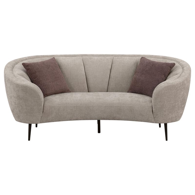 Zui Curved Loveseat, 84 Inch Beige, Round Design, 2 Accent Pillows - Benzara