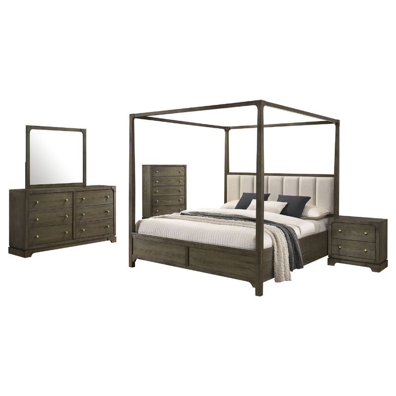 Seon 5pc Queen Bedroom Set, Dark Brown Solid Wood, Canopy Style Bed