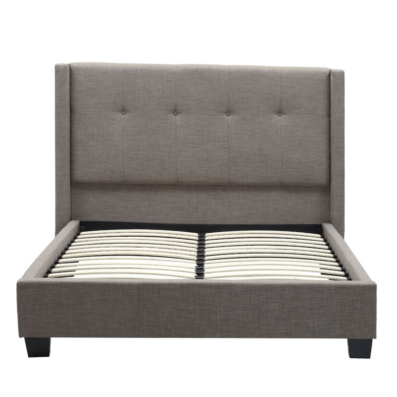 Adams Low Profile Queen Bed, Piped Edges, Tufted Linen, Gray
