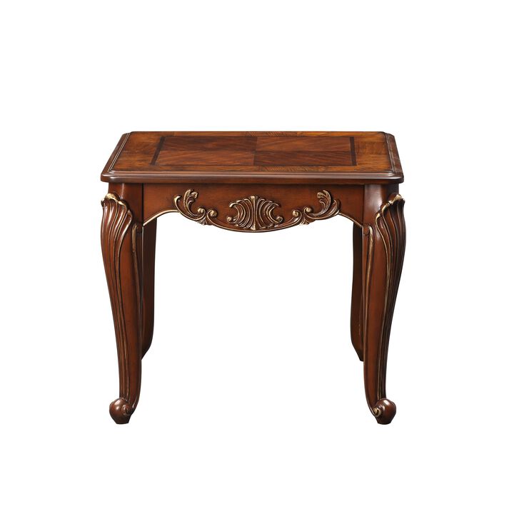 Lisa 28 Inch Side End Table, Ornate Curved Apron, Cabriole Legs, Brown - Benzara