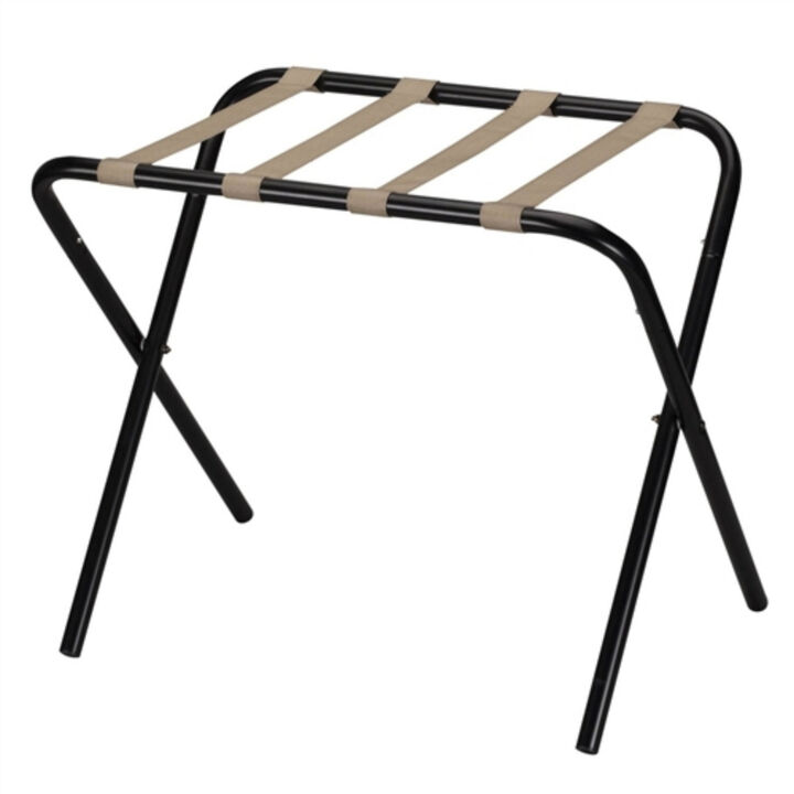Metal Hotel-Style Luggage Rack – Foldable Suitcase Stand with Khaki Straps for Guest Rooms
