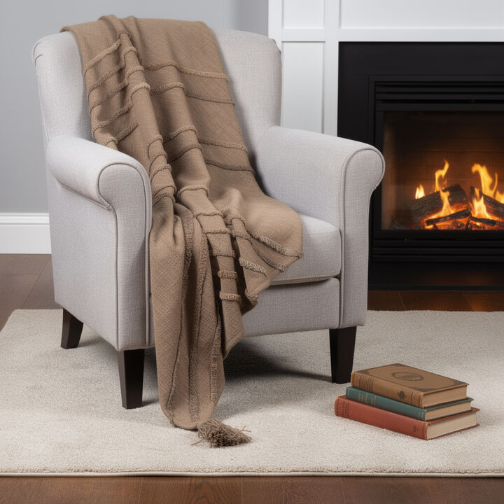 HomeRoots 50" X 60" Brown Cotton Woven Geometric Throw Blanket with Tassels
