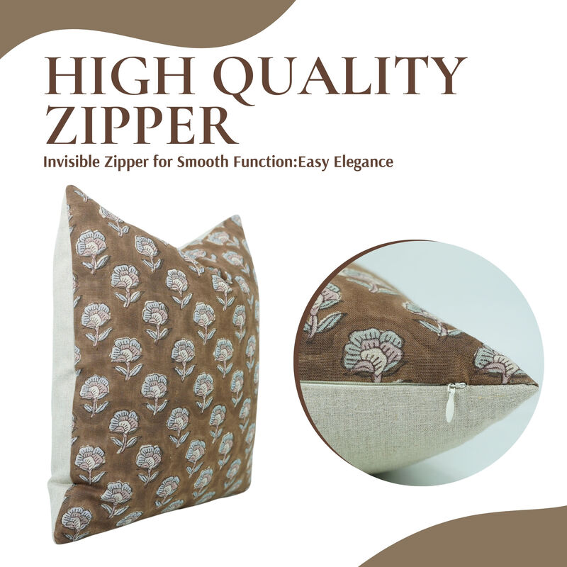 Fabdivine 24x24 Inch Brown Farmhouse Boho Cushion Cover Handmade Linen Throw Pillowcase with Handblock Print for Sofa, Couch, Bed, Living Room, Rohini image number 2