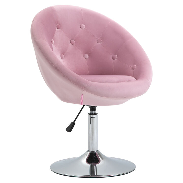 HOMCOM Modern Makeup Vanity Chair Round Tufted Swivel Accent Chair with Chrome Frame Height Adjustable for Living Room, Bedroom Pink