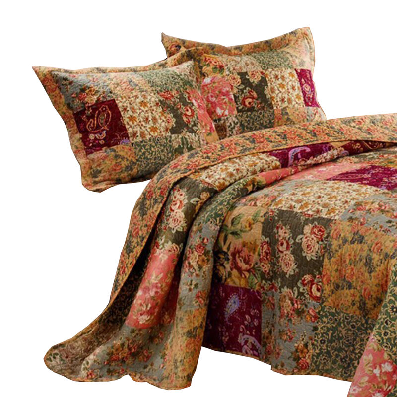 Kamet 3 Piece Fabric King Size Quilt Set with Floral Prints, Multicolor - Benzara