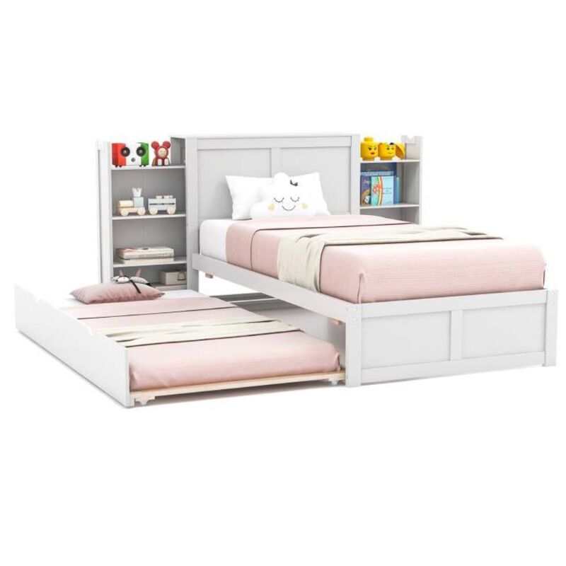 Hivvago Twin/Full Wood Platform Bed w/ Trundle and Storage Bookcase Headboard in White image number 0
