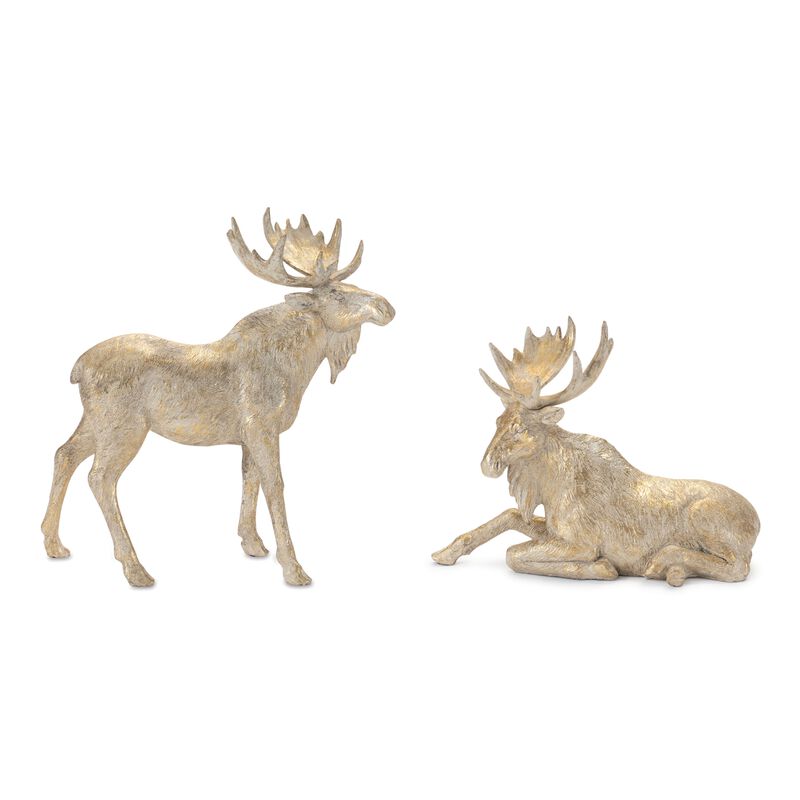 Set of 2 Winter Moose Figurines for Holiday Tabletop or Mantel Display
