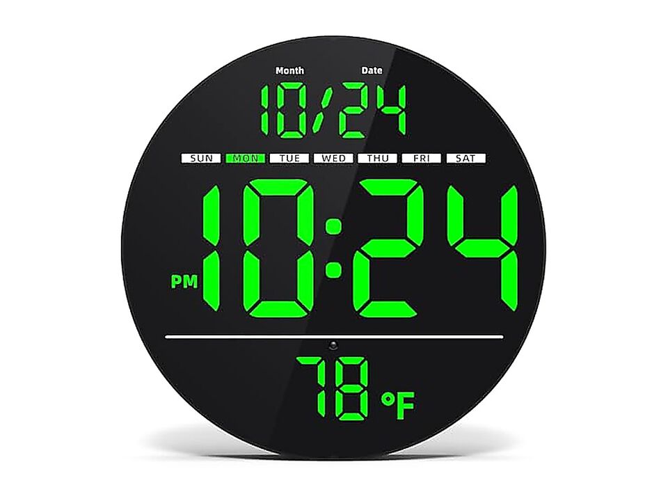 Digital Wall Clock Large LED Date Temperature Auto Brightness Small PLUG IN Room