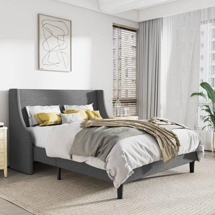 Hivvago Full Size Grey Linen Blend Upholstered Platform Bed with Wingback Headboard