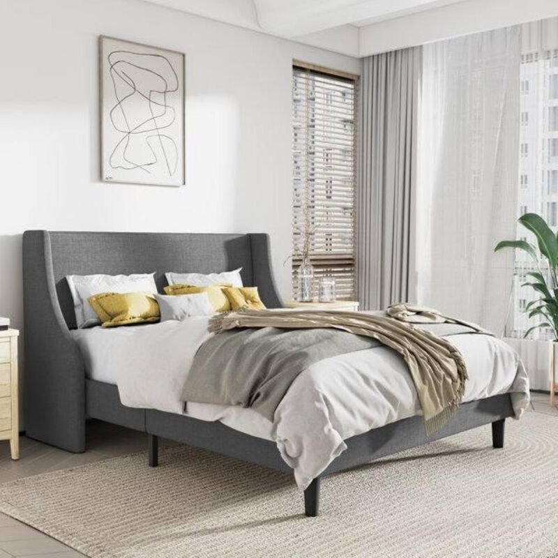 Hivvago Full Size Grey Linen Blend Upholstered Platform Bed with Wingback Headboard