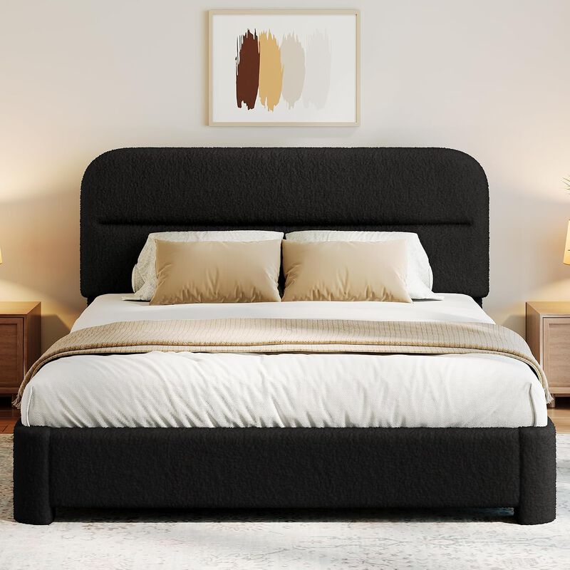 Vipbear Upholstered Boucle Platform Bed Frame with Adjustable Wide Headboard, Wooden Slats, Black image number 8