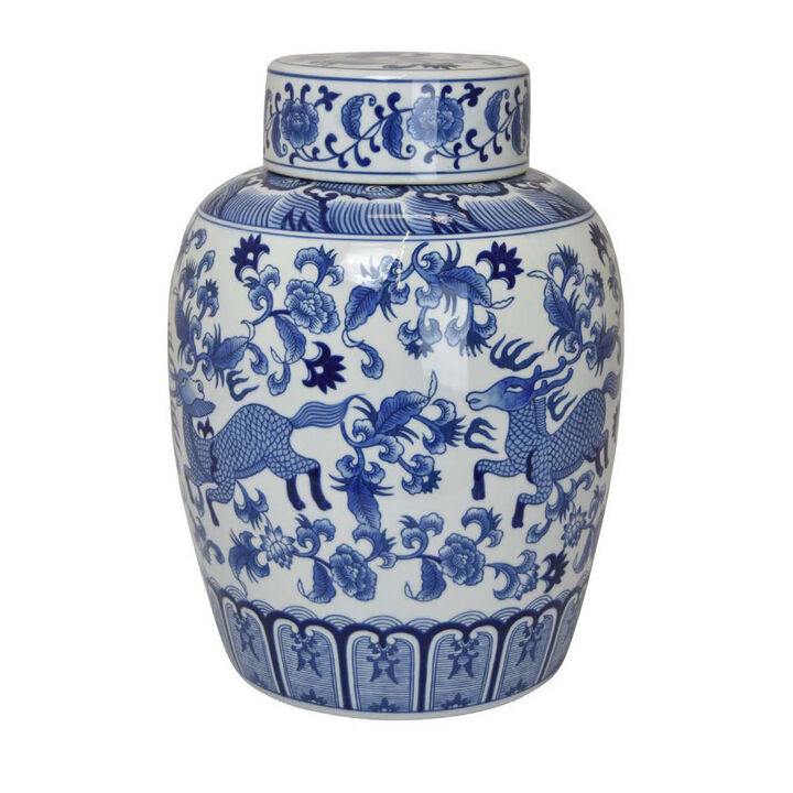 Gloomy 15 Inch Decorative Jar, Ceramic Frame, Blue and White Floral Print - Benzara