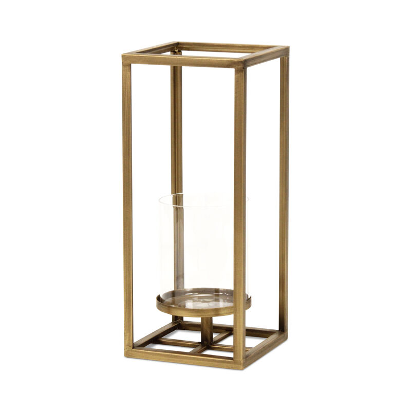 HomeRoots 13" Gold And Clear Metal And Glass Tabletop Candle Holder