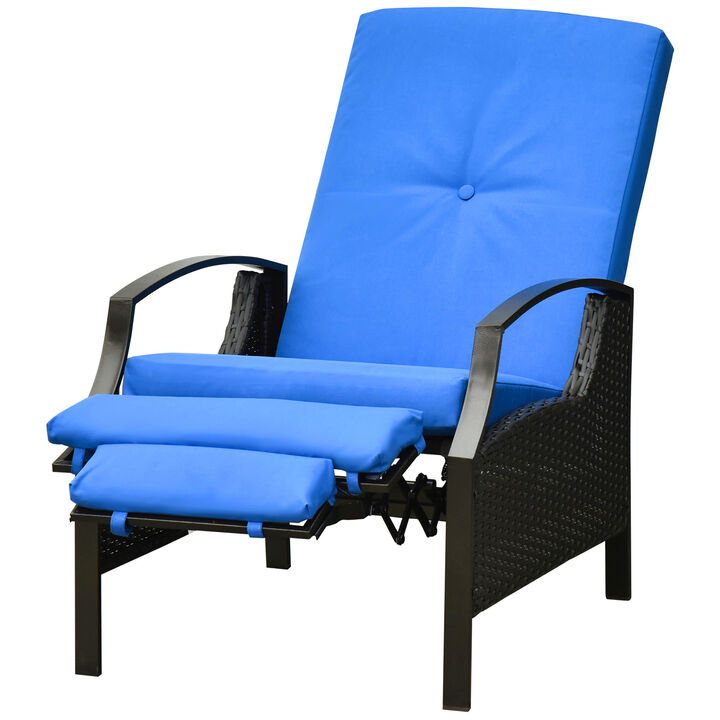Outsunny Outdoor Recliner Chair, Reclining Patio Lounge Chair with Comfy Cushions, Footrest, Armrests, PE Wicker for Balcony, Porch, Blue