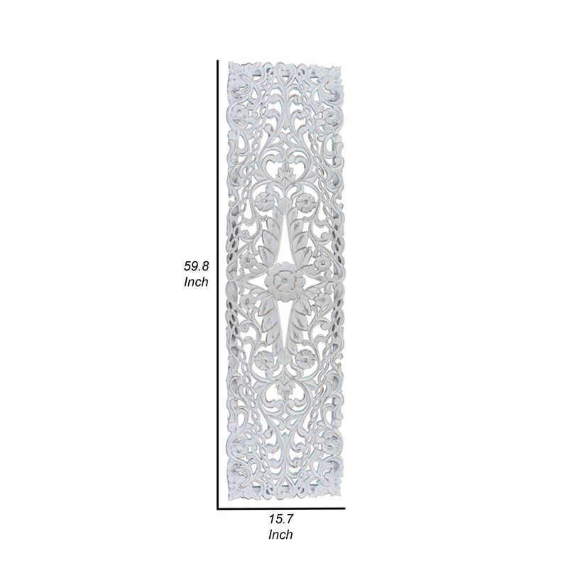 60 Inch Tall Decorative Panel, Carved Floral Vine Design, Mango Wood, White - Benzara