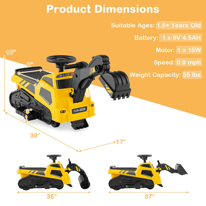 3-in-1 6V Kids Ride-On Excavator Tractor with Adjustable Arms and Music image number 2