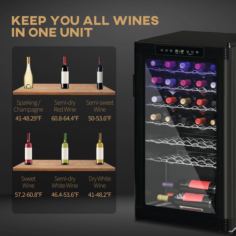 33 Bottle Wine Cooler, Mini Beverage Fridge, Freestanding Wine Cellar with Digital Temperature Control, 6 Removable Shelves, Glass Door, Black