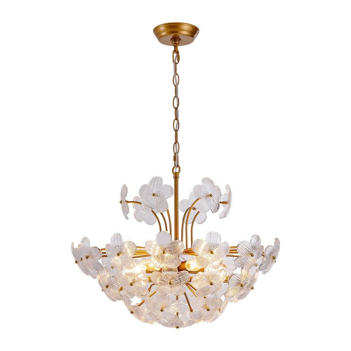 Rosa Modern 6-Light 22.4" Glam Ribbed Glass Flower Chandelier - Low-gloss Brushed Brass Finish