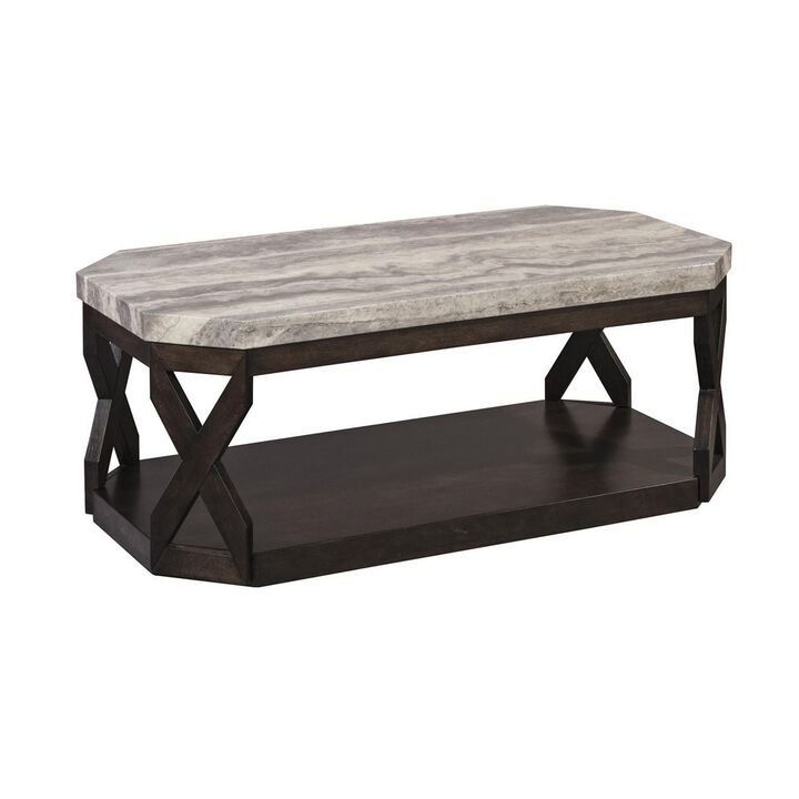 Faux Marble Table Set with 1 Coffee Table and 2 End Tables, Gray and Brown-Benzara