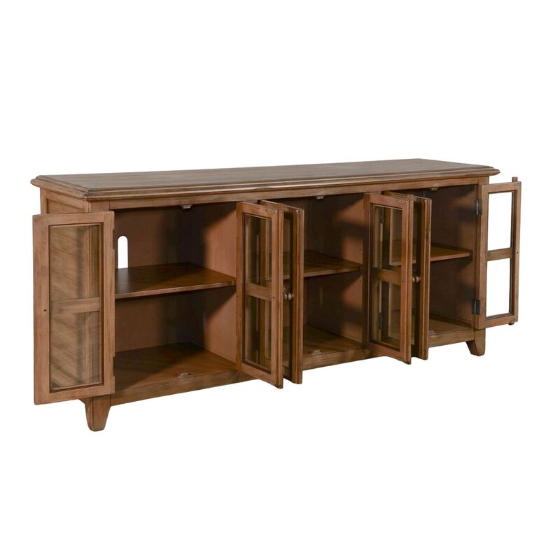 Yael TV Media Console, 6 Shelf, Glass Doors, 70 Inch Light Brown Wood - Benzara