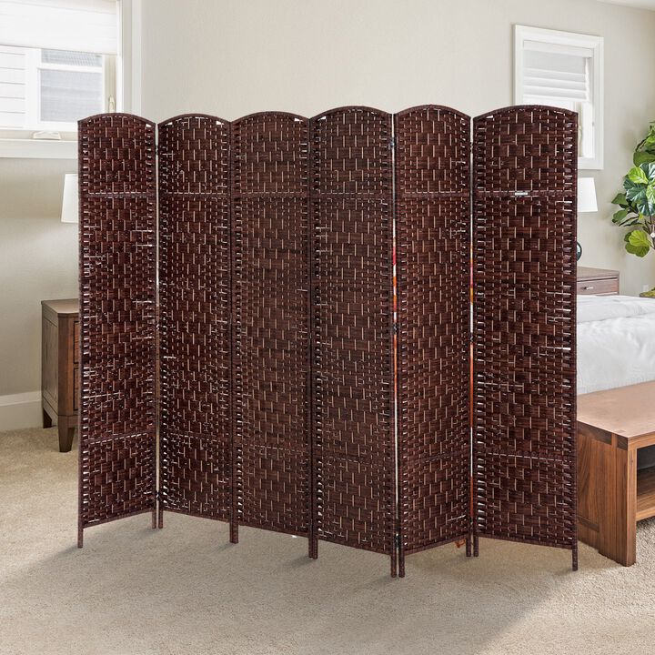 Brown Office Partition: 6-Panel Wicker Folding Privacy Screen