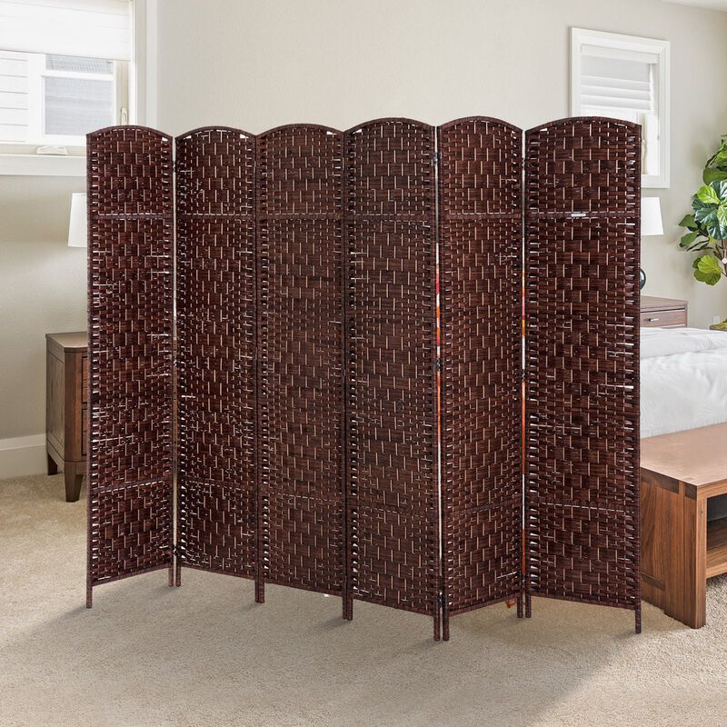 Brown Office Partition: 6-Panel Wicker Folding Privacy Screen