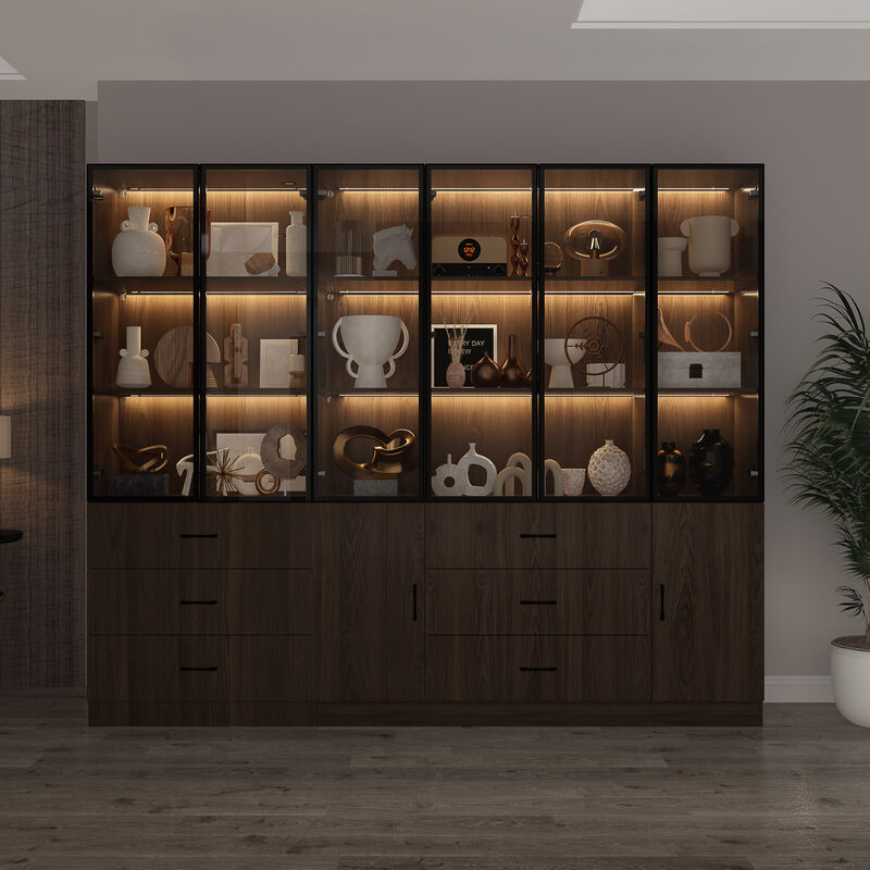 FUFU&GAGA Modern Wood Grain Cabinet with 6 Drawers, Black Aluminum Glass Doors & LED Strip Lights (94.4&rdquo;W x 15.7&rdquo;D x 78.7&rdquo;H), Walnut Finish