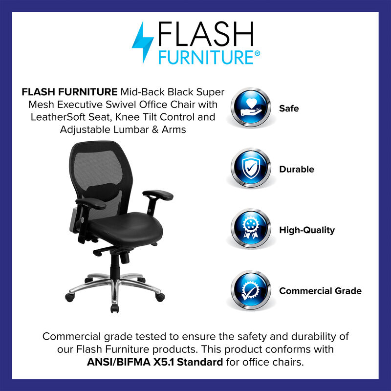 Albert Mid-Back Black Super Mesh Executive Swivel Office Chair with LeatherSoft Seat, Knee Tilt Control and Adjustable Lumbar & Arms image number 6