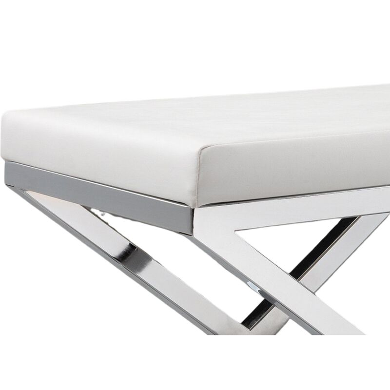 Sumi 18 Inch Stool, Padded Seat, White Faux Leather, Crossed Chrome Legs - Benzara