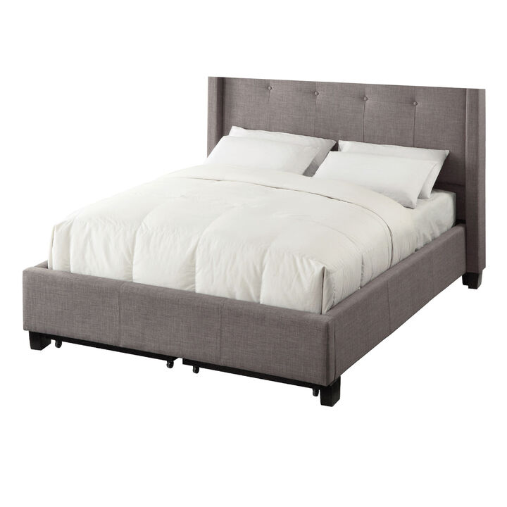Adams Low Profile Queen Bed, Tufted Linen, Wide Storage, Gray