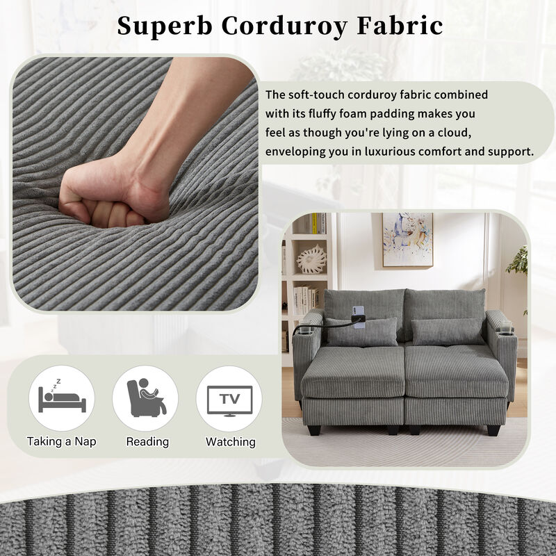 Merax Loveseat Sofa Sofa Bed Corduroy Sleeper Sofa with USB Ports image number 5