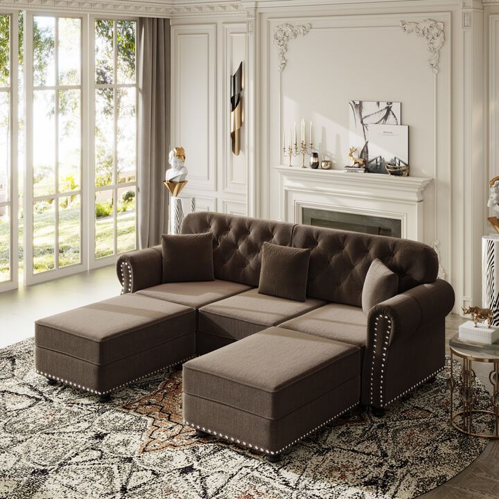 Whisen 3 Seat Velvet Upholstered Sectionals with 2 Ottomans, Nailhead Trim, Mid-Century Modern, for Living Room