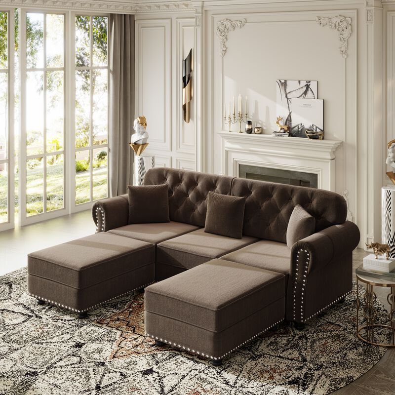 Whisen 3 Seat Velvet Upholstered Sectionals with 2 Ottomans, Nailhead Trim, Mid-Century Modern, for Living Room image number 1
