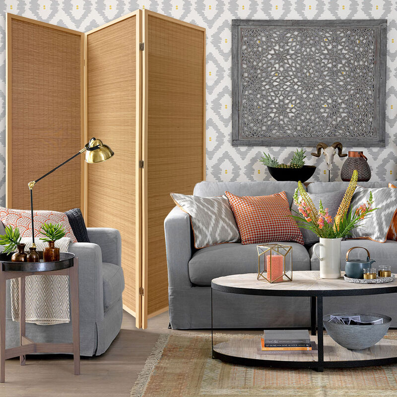 Portable Light Wicker Folding Room Divider with Three Panels for Living Spaces