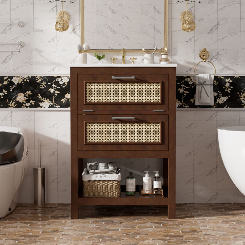 ELEMENT ACE 24 Inch Bathroom Vanity with Integrated Ceramic Sink, Deep & Tip-Out Storage Drawers, Space-Saving Modern Cabinet for Small Medium Restrooms image number 4