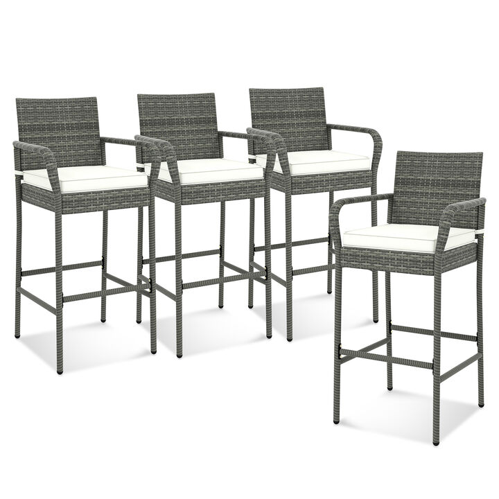 All Weather PE Rattan Bar Chairs Set of 4 with Armrests and Seat Cushions for Porch Backyard