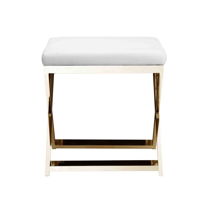 Sovi 20 Inch Ottoman Stool, White Faux Leather Seat, Stainless Steel Frame, Gold - Benzara