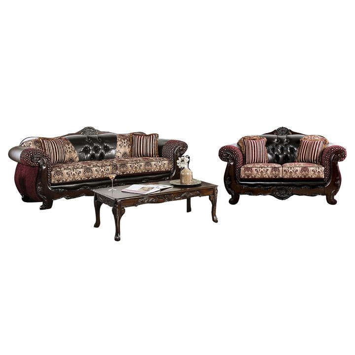 Quo 2pc Sofa Loveseat Set, Burgundy, Dark Brown Chenille, 4 Pillows - Benzara