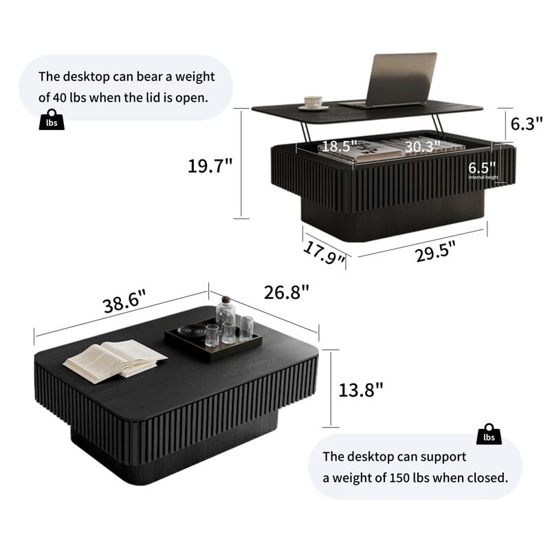 Rectangular lift top coffee table Coffee table with hidden storage and soft close Fluted MDF and solid wood veneer coffee table image number 2