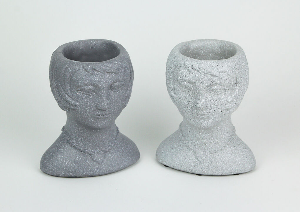 Set of 2 Roaring 20's Flapper Lady Gray Concrete Head Mini Planter 6 Inches Tall