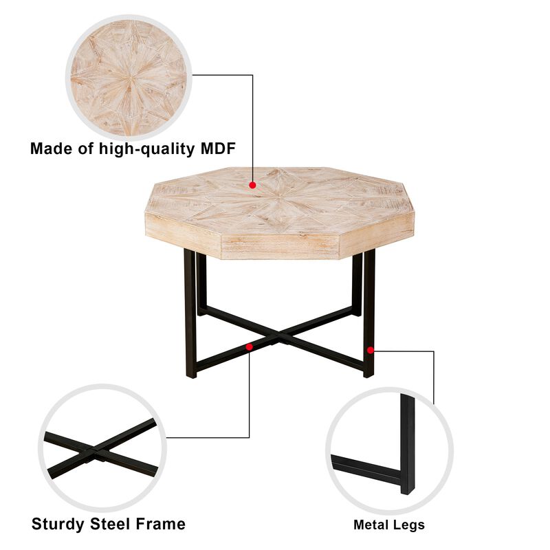Clihome Wood Octagonal Vintage Patchwork Craft Farmhouse 30 Inch Wooden Table Top  Cross Metal Legs Coffee Table for Living Room image number 6