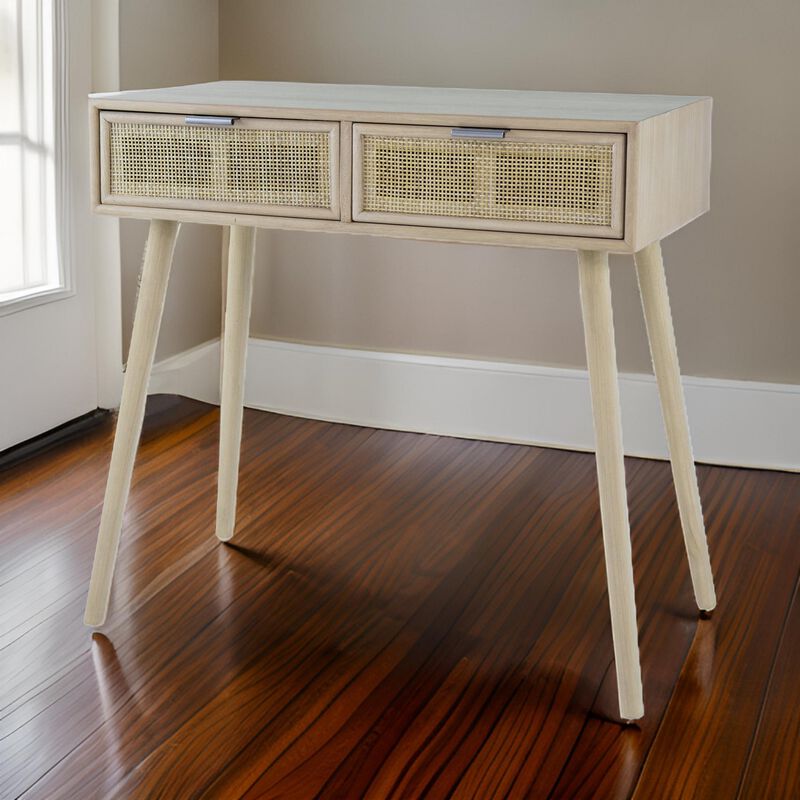 Pia 32 Inch Wood Console Table, 2 Drawers, Woven Rattan, Natural Brown