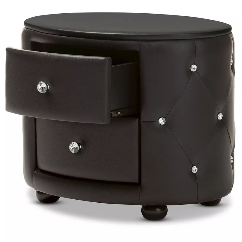 Baxton Studio Glamour Style Oval 2-Drawer Black Faux Leather Upholstered Nightstand