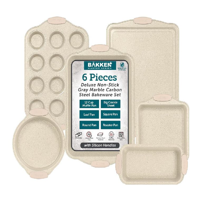 6-Piece Deluxe Nonstick Baking Pan Set - Professional Grade Carbon Steel Bakeware with White Marble Coating & Silicone Handles