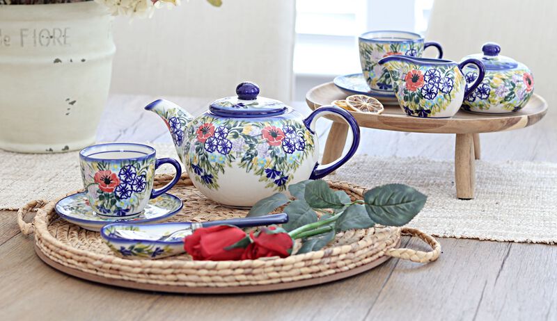 Blue Rose Polish Pottery Forget Me Not 3 Piece Tea Set