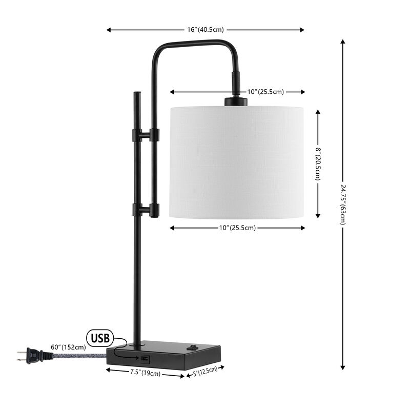Edris Industrial Designer Metal LED Task Lamp with USB Charging Port