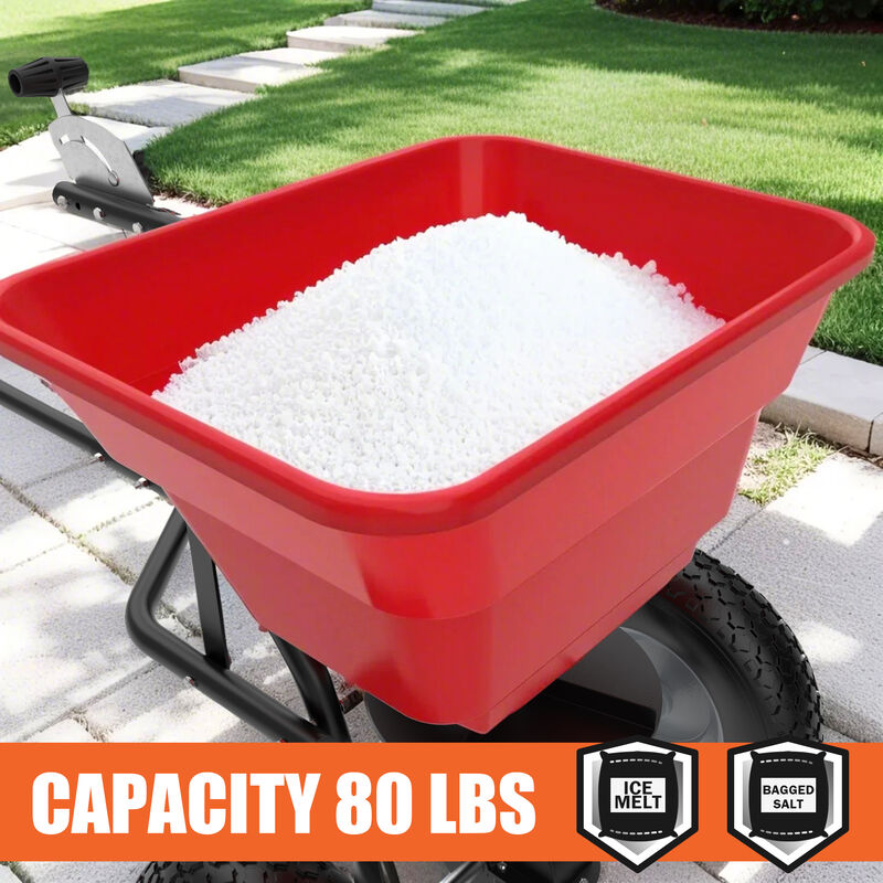 FUFU&GAGA 80lb Tow-Behind Spreader &ndash; Durable Red Frame, Rubber Pneumatic Tires, Adjustable Feed Control, (22.8" L x 16.1" W x 30.3" H), red image number 5