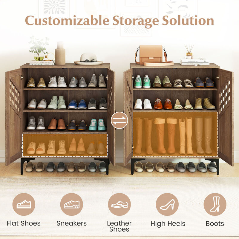 Farmhouse 4-Tier Shoe Storage Cabinet with Metal Legs and Removable Shelves - Walnut & White image number 5